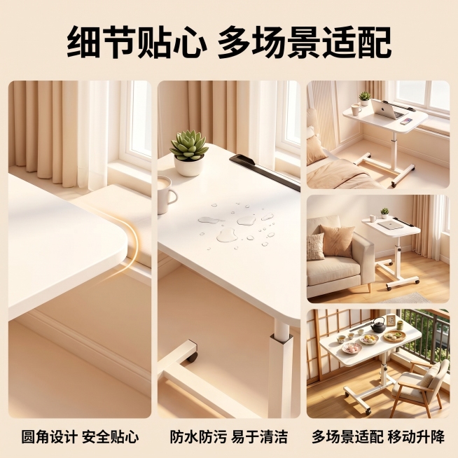 [主图-3] 可移动升降床边桌细节与场景适配展示图。
[氛围风格] 温馨居家生活感，简约温馨实景氛围感；
[画质] 商业摄影质感、光线柔和通透、产品清晰真实、画面干净高级。
[元素] 采用三宫格构图展预览效果