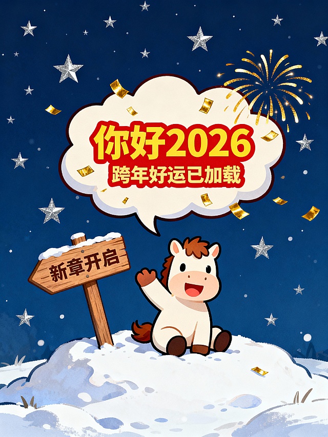 扁平拙气插画风格，卡通小马蹲坐雪堆上挥手，身后立着斜向木牌（写 “新章开启”）。不规则云朵状对话框从马头顶炸开，内红底黄字标题 “你好 2026”+ 副标 “跨年好运已加载”，对话框外飘着金箔烟花，深蓝夜空背景缀满银星