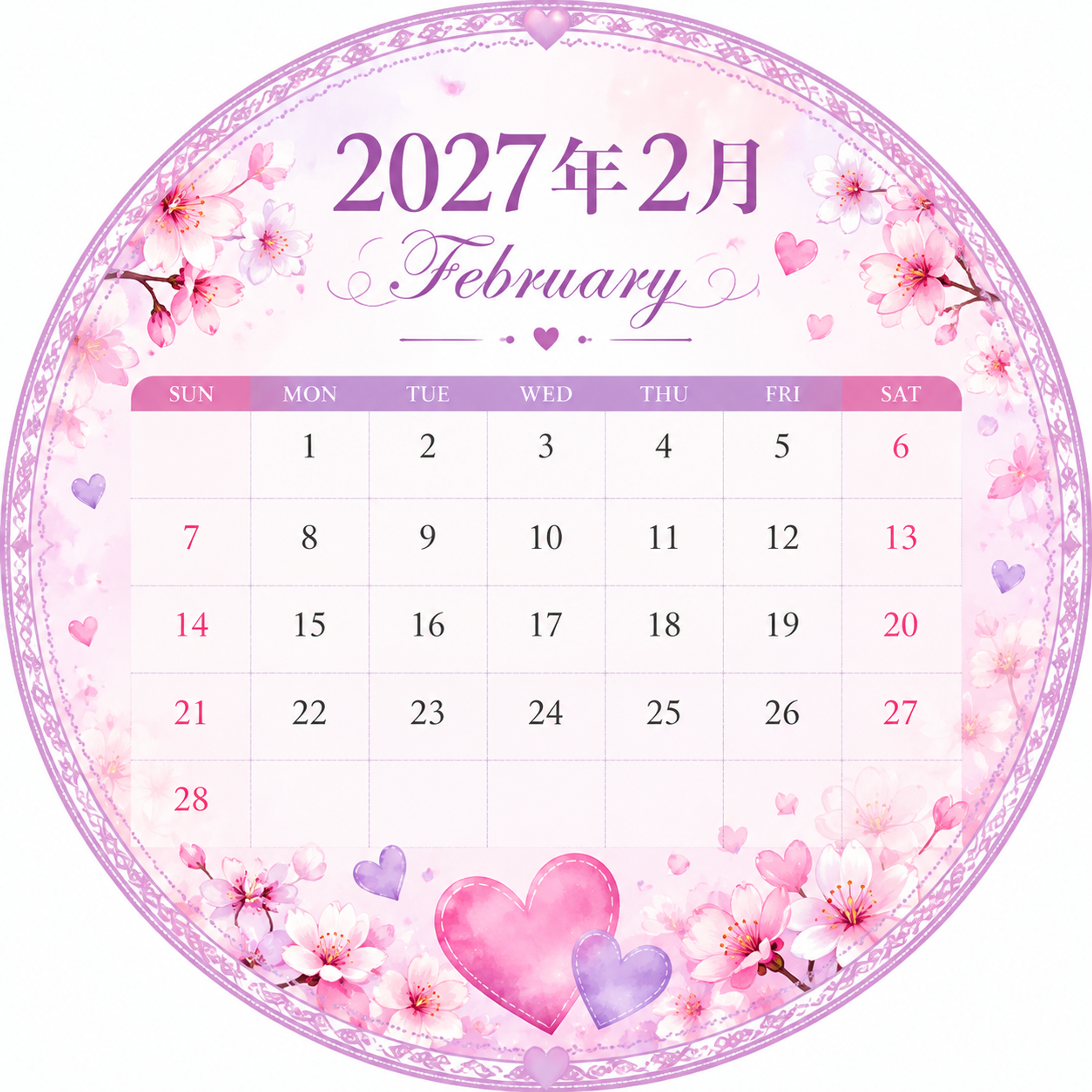 2027年2月圆形日历设计，整体为正圆形构图，圆形内包含完整的… - 图片创意预览