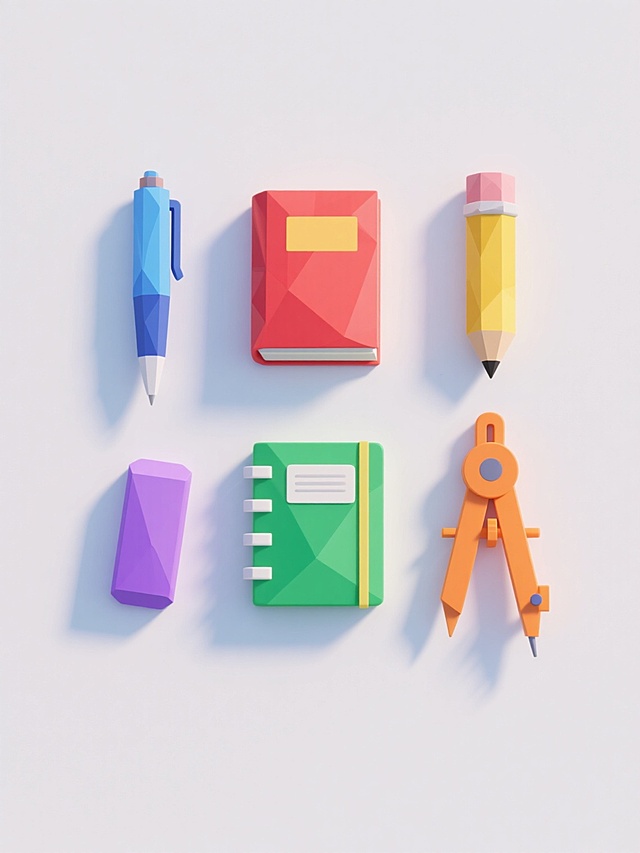 低多边形风格3D图标集，6个整齐排列的学习主题元素，包含蓝色钢笔、红色书本、黄色铅笔、绿色笔记本、紫色橡皮、橙色圆规，白色背景，统一的简约几何造型，柔和渐变色彩，轻微阴影效果增强立体感，物体间距均匀，保持画面平衡与空间感，整体设计简洁明快，符合学习用品的清新主题。