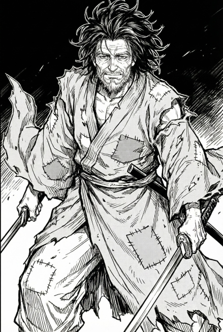 用图片中人物形象生成中年吕洞宾形象 长发凌乱 衣服破烂 双手持剑预览效果