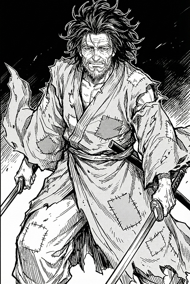 用图片中人物形象生成中年吕洞宾形象 长发凌乱 衣服破烂 双手持剑