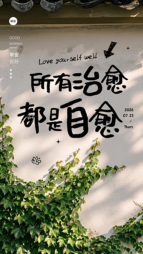 早安你好治愈正能量大字报涂鸦手机竖版海报