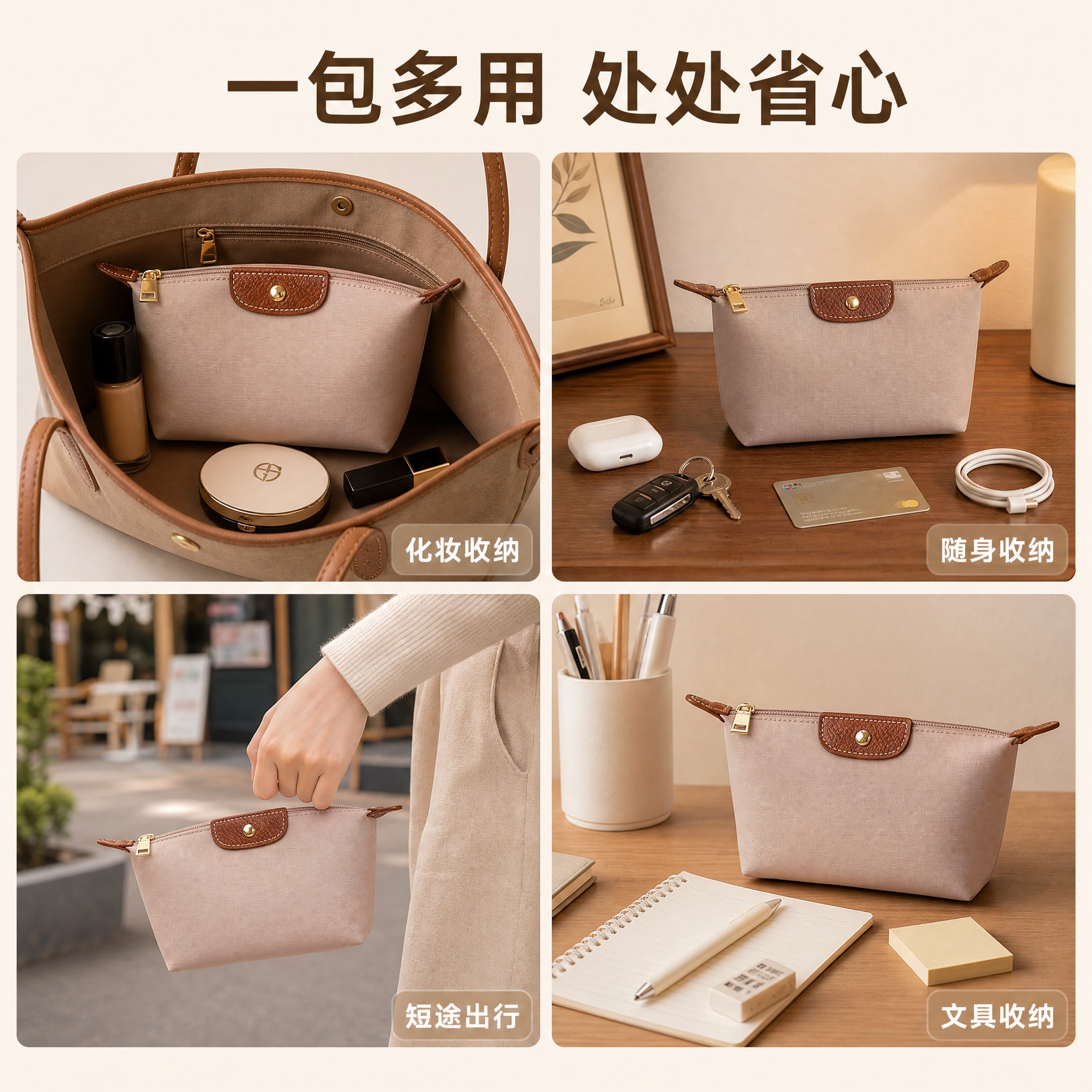 [主图-4] 尼龙化妆收纳小包 多场景使用展示 四大用途场景宫… - 图片创意预览