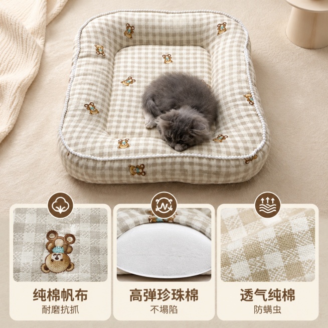 [主图-2] 核心卖点展示，猫窝核心优势多图组合说明。
[氛围风格] 清晰明亮功能展示风，保持ins温馨统一
[画质] 商业摄影质感、光线柔和通透、产品清晰真实、画面干净高级
[元素] 上方展示宠物窝预览效果