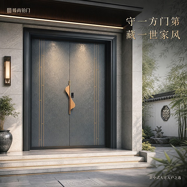 [主图-4] 场景效果展示图，任务是展示大门安装在真实大宅入户场景中的效果，让买家直观想象入户效果，增强代入感。将原图大门合成到新中式别墅入户场景中。
[统一基调] 新中式东方雅致风格，高级灰青色调为主，点缀金色与深木色，整体专业、品质、内敛大气，背景采用浅灰渐变加隐约竹叶纹理暗纹，营造东方意境。字体采用宋体类衬线字体，标题字色深灰近黑，辅助字色中灰，强调色为古铜金。
[画面] 大门安装在新中式别墅入户场景中，正面视角，大门完整展示，占画面约60%。场景为：大门两侧是浅灰色石材墙面，门前有几级浅石材台阶，地面铺灰色地砖，远处隐约可见中式庭院一角，有翠竹与白墙，营造大宅门第的氛围。左上角放「臻尚铂门」小型品牌标识。右上角主标题：「守一方门第 藏一世家风」，字体稍大，古铜金色。右下角放一行小字：「新中式大宅入户之选」。整体场景自然真实，大门与环境融合自然，无悬浮感。
[光影质感] 自然光外景质感，白天柔和阳光照射，大门有自然的光影变化，石材墙面有细腻纹理，庭院背景有自然景深虚化，整体氛围宁静雅致，有大宅门第的庄重感。
[配色] 主色：灰、青灰、米白；点缀色：古铜金、竹绿色；背景：真实入户场景，色调统一和谐。
[文字版式] 左上小型品牌标识，右上主标题，右下说明文字。文字均放在画面边缘负空间，不遮挡大门主体与场景。
[输出要求] 1:1正方形，2K分辨率，大门与场景融合自然，无硬边无抠图感，场景真实有氛围感，文字清晰可读，无变形错字，无水印无平台logo，整体体现高端大宅入户效果。