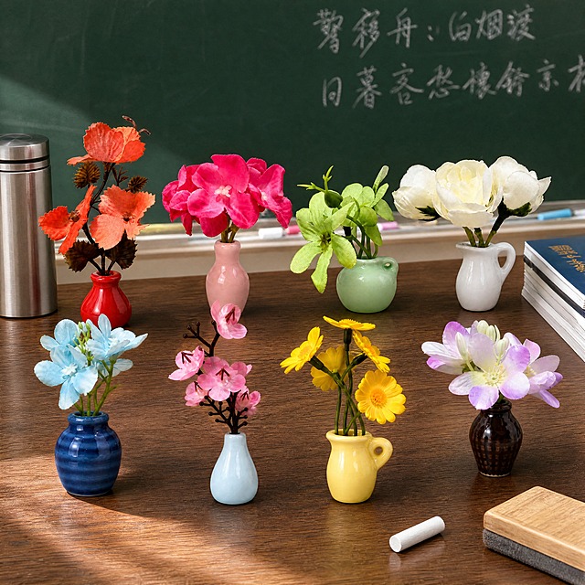 超写实教室静物摄影。
主体：8只小花瓶花艺摆件严格参照上传产品图，完整保留每只花瓶的造型、颜色、材质、花朵样式与所有细节，与上传图完全一致；8只花瓶高低错落摆放在教室讲台桌面上，彼此之间留有合理空间不重叠不穿模，自然融入场景光影。产品组占画面60%~70%，完整不裁切，近景构图，镜头贴近产品。
构图：正面微俯15°平视，错落有致排列，产品组为画面绝对视觉主导。
风格：清新校园。
场景概念：教室讲台一角，黑板背景，白天上课时光。
承载与背景：①承载面，深棕色实木讲台桌面，清晰木纹纹理；②背景，墨绿色黑板，黑板上有少量白色粉笔字迹，粉笔槽可见彩色粉笔，黑板下方边缘入镜。
陪衬物：①花瓶组左侧，一只银色金属保温杯，哑光金属质感；②花瓶组右侧，一摞课本与教案，深蓝色封面；③花瓶组前方，一支白色粉笔与木质黑板擦，斜放于桌面。
配色：主色调60%深木棕+25%墨绿+15%多彩花艺点缀；画面实际颜色：深棕 / 墨绿 / 白色 / 橙红 / 玫粉 / 浅绿 / 米黄 / 天蓝 / 淡紫。
材质：实木 / 陶瓷釉面 / 布艺花瓣 / 金属 / 纸张；画面实际材质5种：木材 / 陶瓷 / 布艺 / 金属 / 纸。
光影：主光从教室前方窗户斜入45°，柔和自然光落在讲台桌面；辅光为黑板方向的环境漫反射；陶瓷花瓶表面有细腻釉光柔和反光，木纹桌面温润有光泽；讲台桌面有柔和投影。
参数：4K写实光追。严格锁定宽高比为1:1。