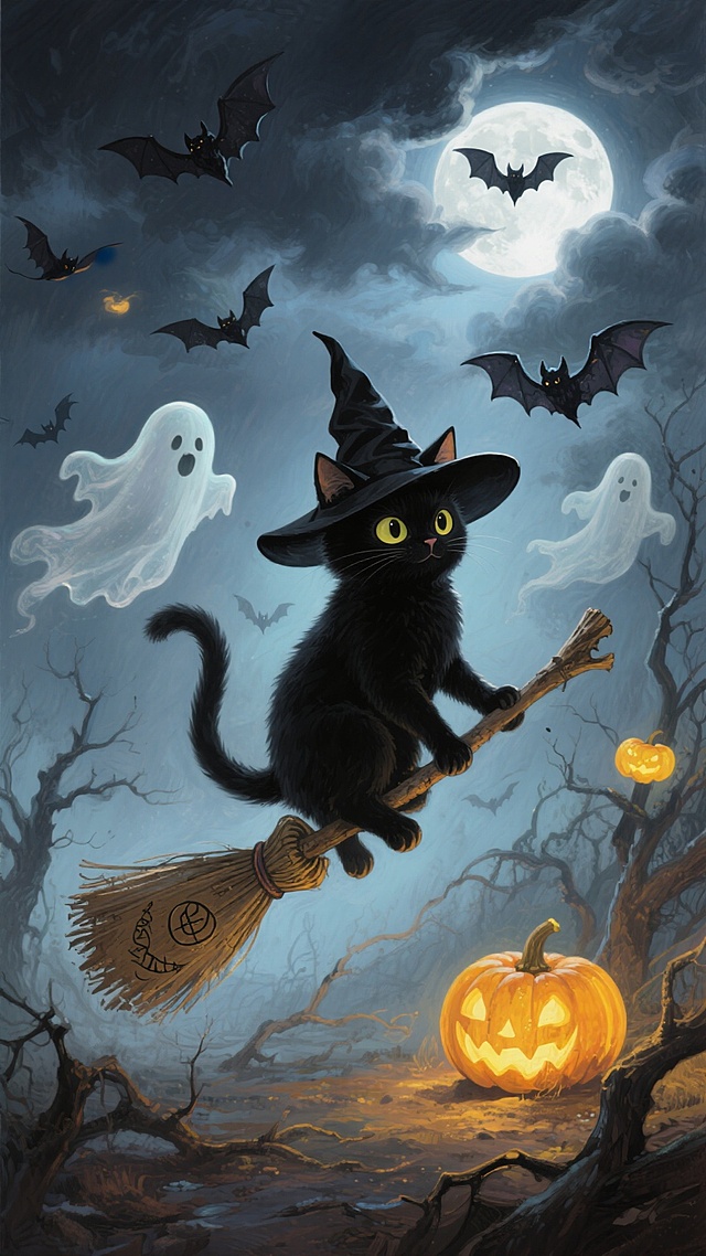 主体是带女巫帽的小黑猫骑扫帚，周围环绕幽灵、蝙蝠、小南瓜灯等元素，背景是乌云遍布的月夜，点缀蝙蝠和枯树，神秘氛围。