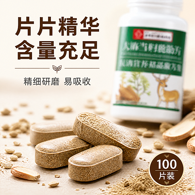 [主图-3] 天麻当归鹿筋片成分细节特写图，药片微距展示。
[氛围风格] 精致微距品质风，清透明亮，突出产品细节。
[画质] 商业微距摄影质感、药片纹理清晰、光线通透、画面干净高级。
[元素] 画面中央偏下位置，数片天麻当归鹿筋片棕色药片整齐排列，其中一片倾斜放置展示厚度与断面纹理。药瓶在背景中虚化呈现，形成前后景对比。周围散落细微草本粉末颗粒和少量原料碎末。背景为纯净浅米色渐变，有柔和光晕效果。**保持药瓶外观（即物理结构、材质质感、颜色、标签内容）与输入产品图保持绝对一致，杜绝任何变形和色差，精细化处理**。药片主体占比约40%，细节丰富。画面满屏无边框。
[光影] 柔和顶光配合侧光，药片表面有细腻光泽，边缘有高光勾勒，底部有自然投影，整体通透明亮，微距质感强烈。
[配色] 主色浅米色（纯净背景）；辅色棕色（药片）、白色（瓶身）、金色（高光点缀）；强调色深棕色（文字）。
[视角构图] 俯视微距角度，药片为视觉焦点，背景药瓶虚化，景深较浅，突出药片质感与细节。
[文字版式] 上方居中对齐，主标题「片片精华 含量充足」深棕色大号粗体字；下方辅助文案「精细研磨 易吸收」中号灰色字；右下角圆形品质徽章「100片装」白字深棕底。文字清晰可读，不遮挡药片主体。
[输出要求] 1:1比例，文字清晰锐利，画面超高清微距摄影质感。
[负向提示词] 变形，文字错乱，产品图模糊，背景杂乱，水印，电商平台Logo，医疗暗示。
