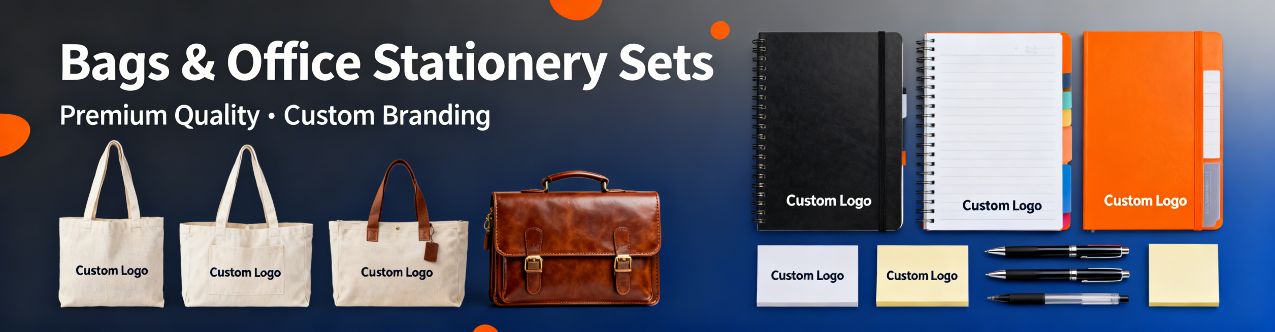 商务风格办公用品轮播图，画面左侧整齐排列帆布袋、无纺布手提袋、皮质文件袋，画面右侧整齐排列笔记本、签字笔、文件夹、便利贴，产品占比超过50%，产品清晰明亮有质感，所有产品上带有Custom Logo印预览效果