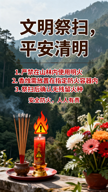 清明节扫墓安全宣传海报，设计庄重肃穆，主标题写有"文明祭扫，平安清明"，画面包含山林背景、香烛和鲜花元素，用醒目的文字列出安全防火注意事项，整体配色沉稳，风格正式大气，适合公益宣传使用预览效果