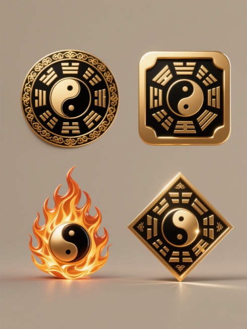 一组四个完全不同造型的八卦元素系列素材集合，规整排布于纯色背景上。每个八卦元素均保持原图的金色与黑色配色方案、金属光泽质感、精致的线条细节和神圣神秘的氛围。第一个为传统圆形八卦盘，中心阴阳鱼，外围八卦符号，边缘金色花纹装饰；第二个为方形八卦图，边角圆润，八卦符号呈放射状排列，中心阴阳鱼图案；第三个为火焰形态八卦，整体呈向上燃烧的火焰造型，阴阳鱼位于火焰中心，八卦符号随火焰形态扭曲排列；第四个为……预览效果