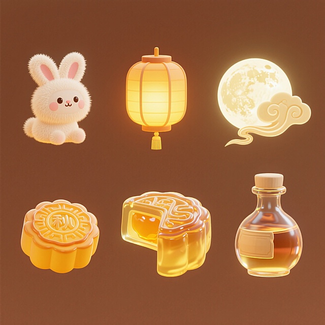 中秋主题，软3D风设计，梦幻卡通感，灯笼、月饼、玉兔与满月，温馨节日氛围。