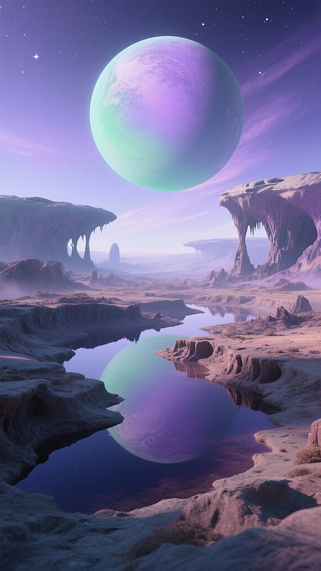 生成15张星球科幻高清图的生成。呈现不同色彩搭配、地貌特征的外星星球场景，包含巨型星球、山地水域、星空等元素。