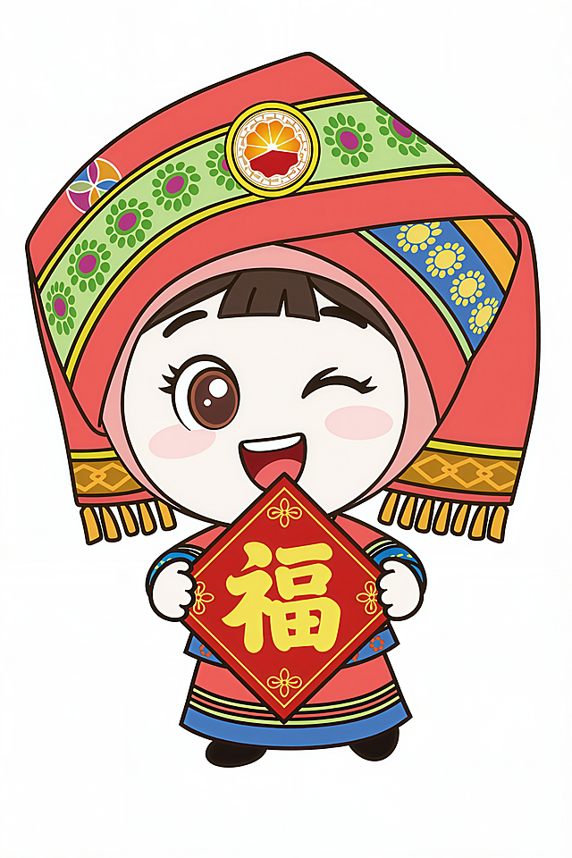 卡通人物主体不变，改成双手拿一个新年福字帖的姿势，表情开心