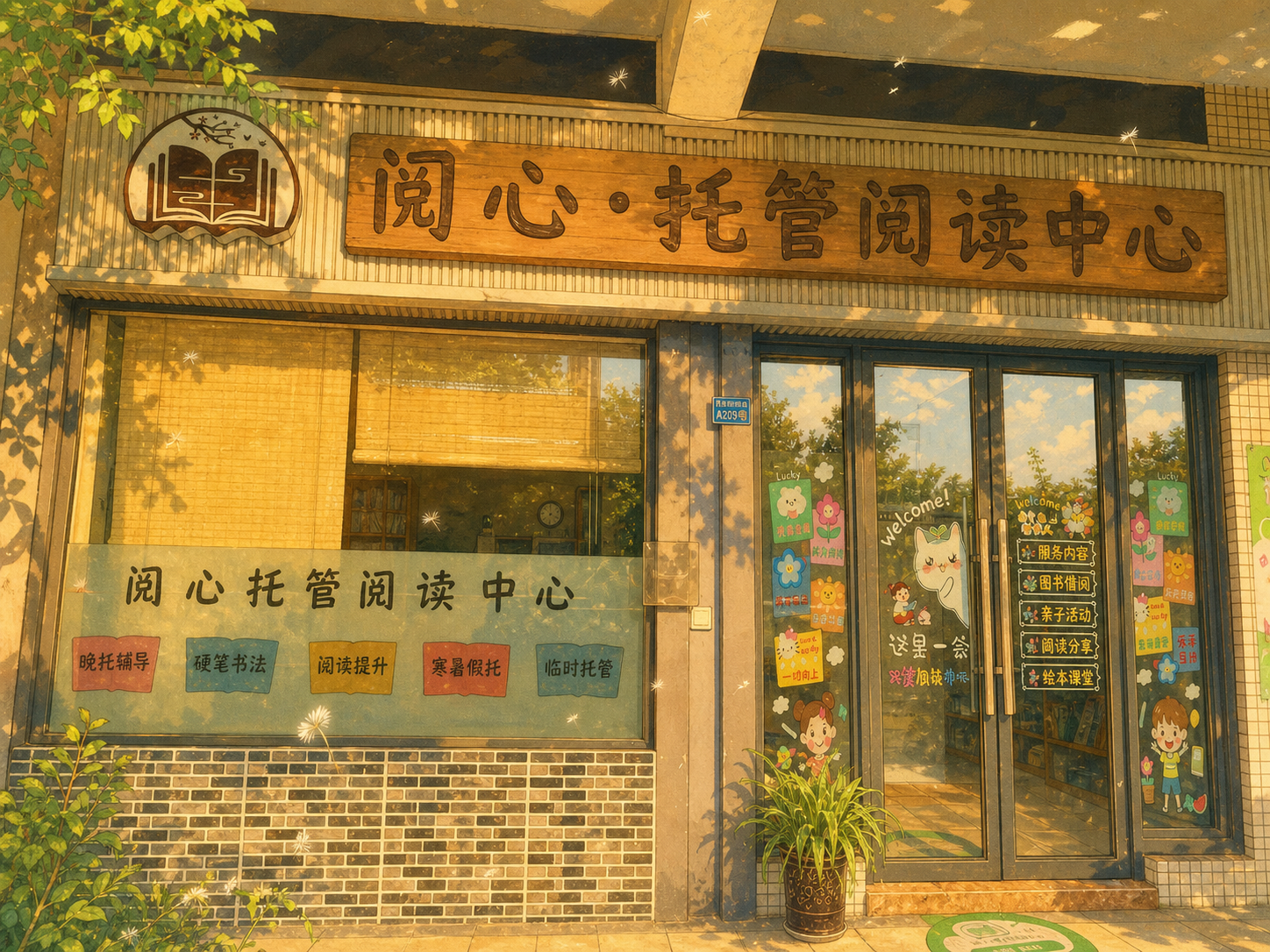 将这张托管阅读中心的照片重绘为宫崎骏吉卜力动画风格。暖黄色调的… - 图片创意预览
