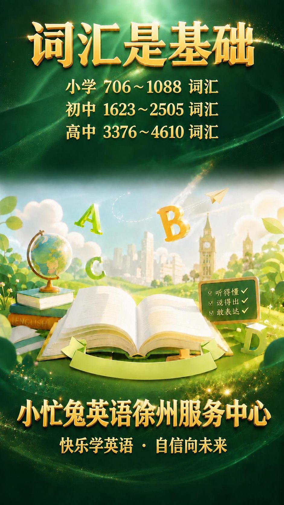 在图片底部绿色光效区域添加文字，主标题为"小忙兔英语徐州服务中… - 图片创意预览