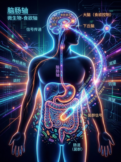 脑肠轴可视化图片，保留原图所有结构和发光科幻风格，仅将图中所有英文替换为对应的中文，语义相符：GUT-BRAIN AXIS改为脑肠轴，MICROBIOTA-APPETITE AXIS改为微生物-食欲轴预览效果