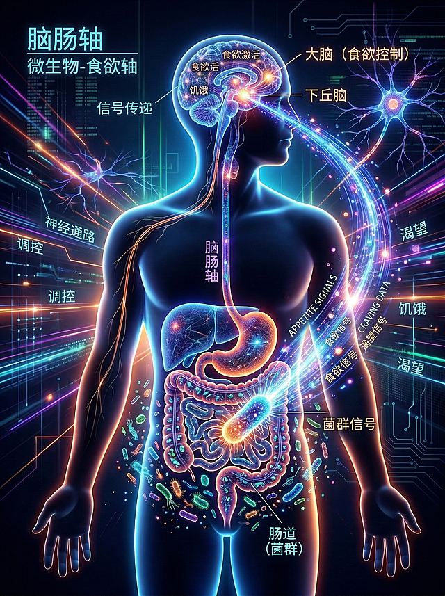 脑肠轴可视化图片，保留原图所有结构和发光科幻风格，仅将图中所有英文替换为对应的中文，语义相符：GUT-BRAIN AXIS改为脑肠轴，MICROBIOTA-APPETITE AXIS改为微生物-食欲轴，SIGNAL TRANSMISSION改为信号传递，BRAIN (Appetite Control)改为大脑（食欲控制），HYPOTHALAMUS改为下丘脑，CRAVING改为渴望，HUNGER改为饥饿，ACTIVATION改为激活，CRAVING改为渴望，NEURAL PATHWAYS改为神经通路，MANIPULATION改为调控，APPETITE SIGNALS改为食欲信号，CRAVING DATA改为渴望信号，GUT (Microbiota)改为肠道（菌群），MICROBIOTA SIGNAL改为菌群信号，GUT-BRAIN AXIS改为脑肠轴