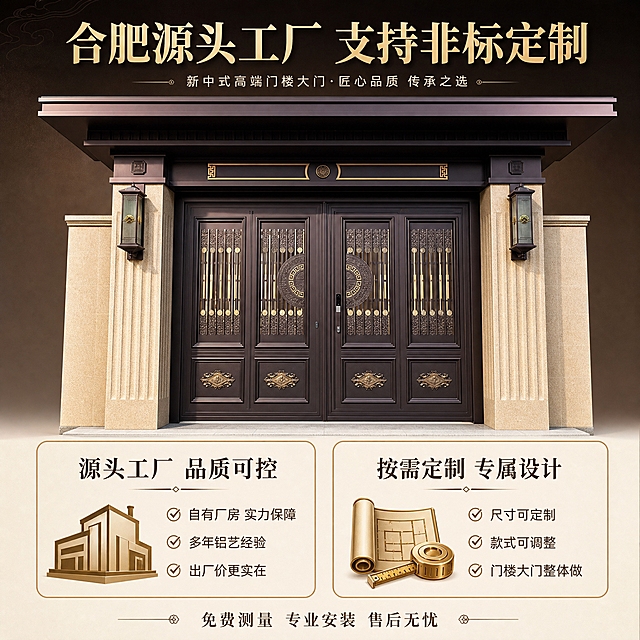 [主图-5] 工厂实力与定制服务，突出合肥源头工厂、非标定制的信任背书，增强买家信心。
[统一基调] 整体风格为新中式高端大宅风，专业品质感；背景主色为深咖色渐变搭配米金点缀，标题字色为米金色，辅助字色为浅米白，强调色为古铜金；字体为端庄宋体类衬线字体，字号层级分明，标题最大最粗，辅助文字缩小60%以上；卡片与边框采用细金线圆角样式，整体干净稳重不花哨。
[画面] 产品门楼双开大门位于画面上半部分，正面微仰视，主体占画面约50%，展示完整门楼效果。下半部分分为左右两个区域：左侧为工厂实力说明区，配工厂厂房简化图标与文字；右侧为定制服务说明区，配卷尺/设计图纸图标与文字。背景为浅米色渐变，干净专业。去除原图所有杂乱环境元素。
[光影质感] 商业摄影质感，均匀明亮的正面光，门楼大门清晰干净，下半部信息区光线均匀，整体专业可信。
[配色] 浅米背景 深咖文字 米金标题 古铜金图标，专业稳重。
[文字版式] 顶部主标题「合肥源头工厂 支持非标定制」，米金色粗体；下半部分左右两栏：左栏标题「源头工厂 品质可控」，下方三条短项「自有厂房 实力保障」「多年铝艺经验」「出厂价更实在」；右栏标题「按需定制 专属设计」，下方三条短项「尺寸可定制」「款式可调整」「门楼大门整体做」。底部一行服务承诺小字「免费测量 专业安装 售后无忧」。文字排版整齐，不拥挤。
[输出要求] 1:1正方形 2048x2048 2K分辨率，文字清晰可读，产品清晰，无错字，无杂乱杂物，无水印，无平台Logo。