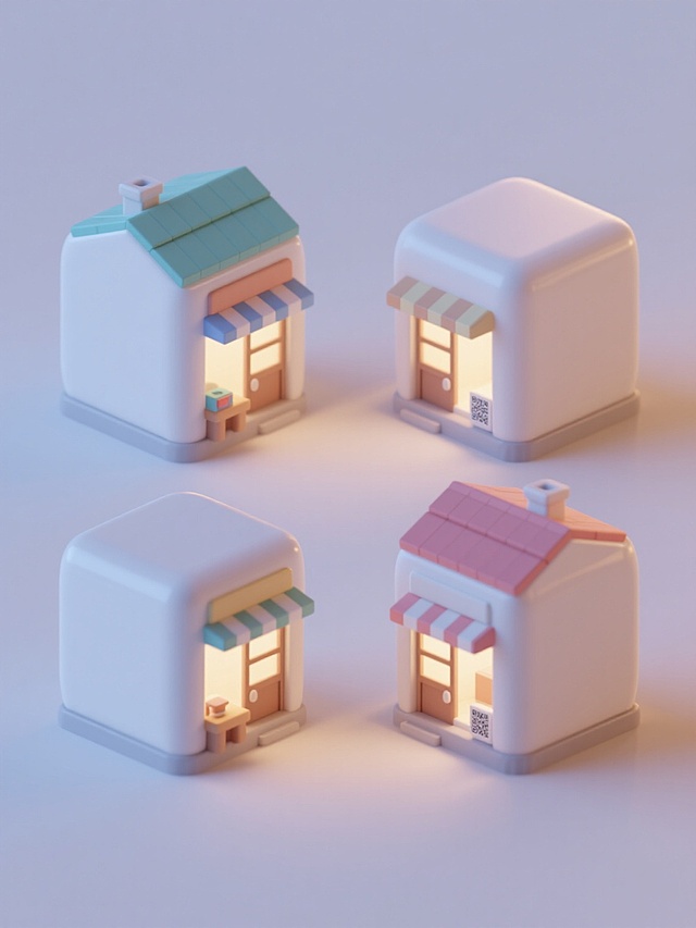 4个等大的3D立体小店铺模型，采用简约现代的Q版卡通风格，整体造型为规整的立方体结构，表面光滑圆润，具有柔和的光泽感和轻微的阴影效果，每个店铺拥有不同的店铺特征（如不同颜色的屋顶、门窗样式或附属小物件），统一使用纯色背景（类似原图的柔和色调），无任何文字、logo、水印及二维码，4个店铺呈网格状规整排布，保持一致的低多边形3D渲染风格，色彩搭配明快和谐，光影表现柔和自然，整体画面简洁干净。
