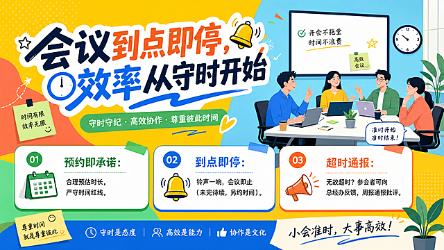 企业行政文化宣传海报，主标题文字为"会议到点即停，效率从守时开始"，下方分三点列出规则：第一点🔹 预约即承诺 合理预估时长，严守时间红线。第二点🔹 到点即停：铃声一响，会议即止（未完待续，另约时间）。第三点🔹 超时通报 ：无故超时？参会者可向总经办反馈，周报通报批评。整体风格活泼轻松，撞色明亮背景，字体活泼灵动不死板，文字排版设计感，轻松办公氛围的企业文化宣传海报