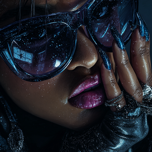 A close-up digital painting in a cyber-fashion style with a dark color scheme. The subject wears large, deep indigo blue translucent sunglasses, with intricate refractions and tiny star glints inside the lens. The lips are a striking glossy pink. The nails are a mirror-finish sapphire blue. Silver jewelry adorns the hand against the cheek. The clothing is textured black and charcoal fabric. Rendered with thick, realistic brushstrokes emphasizing wet-looking highlights on the dark surfaces. The background is a dark plum purple. The mood is sleek, cool, and futuristic, with a focus on luminous details against darkness.