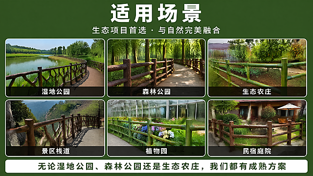 [第6屏] 适用场景展示页，仿生态护栏适用场景六宫格展示。
[氛围/风格] 自然生态风，场景真实自然，清晰排版，深绿色背景氛围感。
[元素布局] 整体深绿色#2d5016背景；顶部放置标题，下方排列2行3列共六个圆角矩形网格，每个网格带轻微白色边框；每个网格内展示对应场景图，图片下方叠加半透明黑色底，配白色文字标注场景名；页面最底部放置白色横条，绿字写宣传语；每个场景图中保留护栏仿藤/仿竹/仿树皮纹理，结构与产品实物一致。
[光影质感] 每个场景图自然光影，整体明暗对比均匀，文字清晰，网格边界干净。
[配色色系] 全局背景深绿色#2d5016，白色文字，绿色文字，底部白色横条，场景图保持自然真实色彩。
[视角构图] 居中排版，六宫格整齐分布，阅读动线从上到下。
[文字版式] 顶部白色粗字："适用场景"，下方白色小字："生态项目首选 · 与自然完美融合"；
六个网格场景标注从上到下从左到右依次：
第一格：湿地公园（仿藤护栏沿湖蜿蜒），标注"湿地公园"；
第二格：森林公园（仿树皮护栏林间小道），标注"森林公园"；
第三格：生态农庄（仿竹护栏菜园/果园），标注"生态农庄"；
第四格：景区栈道（仿藤护栏山间步道），标注"景区栈道"；
第五格：植物园（仿竹护栏温室/花圃），标注"植物园"；
第六格：民宿庭院（仿木护栏私家庭院），标注"民宿庭院"；
底部白色横条绿色文字："无论湿地公园、森林公园还是生态农庄，我们都有成熟方案"；
所有文字清晰可读，排版对齐工整。
[比例分辨率] 宽度750px，高度800px，比例约3:4，分辨率4K，文字清晰可辨。
[负向提示词] 场景图变形，文字错乱，文字过小，网格歪斜，颜色溢出，水印，护栏结构错误，场景不符。