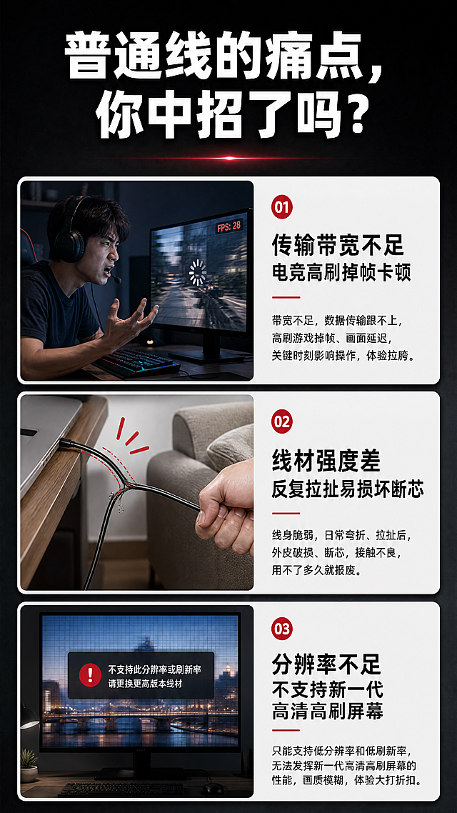 [第2屏] 痛点直击，分析普通视频线使用痛点。不需要产品图，使用生活场景痛点表达。
[氛围/风格] 对比痛点风格，偏暗场景，突出使用困扰，信息清晰直观，数码产品痛点分析页。
[元素布局] 上半部分使用大标题区域，下半部分使用三个痛点卡片分栏布局，每个卡片配一个简单场景示意图。背景为深灰渐变，卡片用浅灰底色配黑色文字，清晰易读。
[光影质感] 整体柔光，卡片阴影自然，文字对比清晰，阅读舒适。
[配色色系] 全局底色：#121212；卡片底色：#F5F5F5；文字：#111111；强调色：#DC2626（红色）。
[视角构图] 从上到下排版，标题+三卡片垂直分布，信息层级分明。
[文字版式] 顶部大标题 "普通线的痛点，你中招了吗？"白色大字；三个卡片分别配标题和描述：1. 传输带宽不足 电竞高刷掉帧卡顿，2. 线材强度差 反复拉扯易损坏断芯，3. 分辨率不足 不支持新一代高清高刷屏幕。文字清晰，每个卡片信息明确，手机端可读。
[比例分辨率] 9:16竖版比例，4K分辨率，文字清晰可辨。
[负向提示词] 文字错乱，排版杂乱，颜色对比差，水印，文字模糊