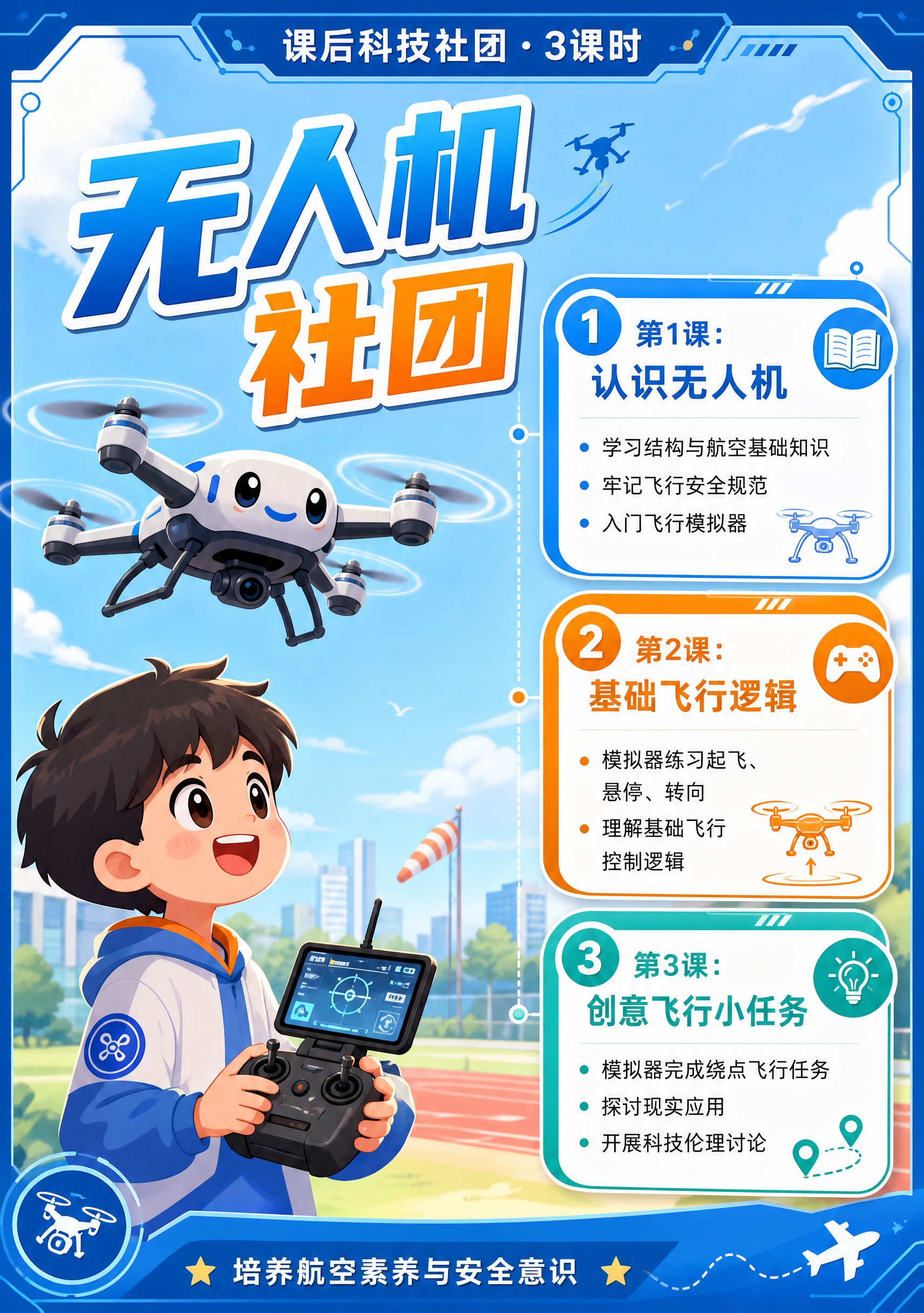 卡通科技风宣传手册内页，竖版A4比例。页面主题"无人机社团"，… - 图片创意预览