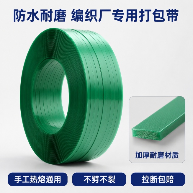 [主图-2] 材质细节卖点展示图；
[氛围风格] 专业清晰展示风；
[画质] 商业摄影质感、光线柔和通透、产品清晰真实、画面干净高级；
[元素] 主图为整卷绿色塑钢带，右下角增加一个局部特写画中画框，预览效果