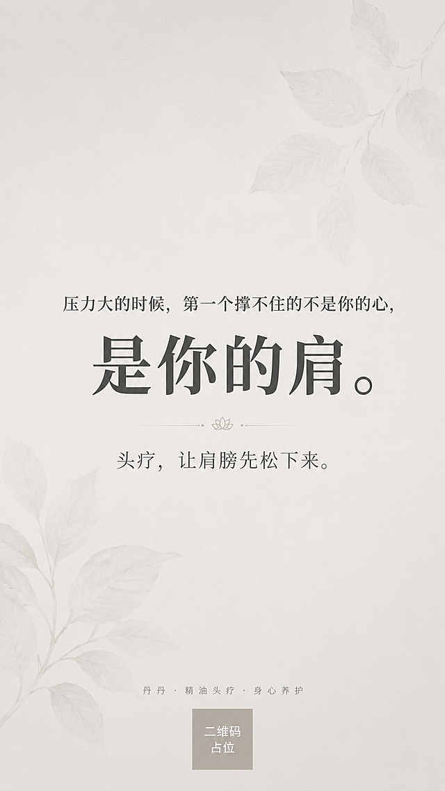 竖版9:16海报，极简留白风格，背景为极淡的植物叶片纹理，底色为暖灰色调，纹理非常浅淡几乎透明，整体柔和高级。画面顶部留白25%，底部留白25%，中间50%区域为文字区，所有文字居中对齐。文字排版如下：第一行文字为"压力大的时候，第一个撑不住的不是你的心，"，深灰色，思源宋体，字号适中；紧贴其下方第二行文字为"是你的肩。"，深灰色，思源宋体，字号加大加粗，是视觉重心；隔一行间距后，第三行文字为"头疗，让肩膀先松下来。"，深灰色，思源宋体Light字重，字号略小。画面底部居中位置有小字"丹丹 · 精油头疗 · 身心养护"，浅灰色，字号更小。整体氛围宁静舒缓，禅意放松，版式精美，留白充足，高级感，2K超清画质。画面中所有信息区域必须填充完整合理的内容，不得出现空白框、空白占位、横线待填写区域。画面中所有二维码区域使用纯色方块占位符呈现，方块中央标注"二维码占位"文字，严禁生成任何可识别的二维码图案。