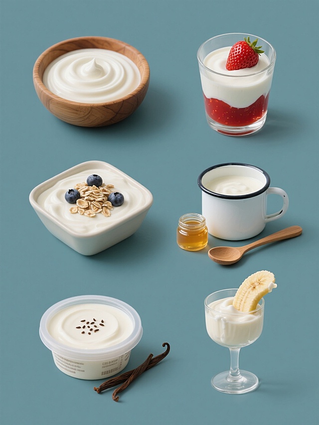 六个不同酸奶元素的系列素材集合，保持写实风格，纯色背景，每个元素规整排布。第一张：一个木质碗里装着光滑细腻的白色酸奶，表面有螺旋状的奶油花纹；第二张：透明玻璃杯中装着分层的草莓酸奶，底层是红色草莓酱，上层是白色酸奶，顶部点缀一颗新鲜草莓；第三张：一个方形陶瓷碗里放着浓稠的希腊酸奶，上面撒着一些燕麦片和蓝莓；第四张：一个带有把手的搪瓷杯里装着原味酸奶，旁边放着一小罐蜂蜜和一把木质小勺子；第五张：一个圆形塑料盒里装着香草味酸奶，表面有香草籽，旁边放着一根香草荚；第六张：一个高脚玻璃杯里装着香蕉酸奶，里面插着一根香蕉片，杯口边缘沾着一些酸奶。