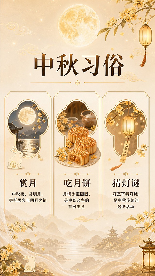 [商品] 使用【图2】网微科技中秋封面图作为风格参考；延续暖金米色调、新中式国潮风格；使用圆月、桂花、玉兔、灯笼等中秋元素。
[画面] 目标：公众号长图第5张-中秋习俗页；构图：三宫格布局，展示三个中秋传统习俗；主体占比：三个习俗图标+文字各占三分之一；阅读动线：从上到下，标题→三个习俗并列展示；前中后景：前景桂花枝装饰，中景三个习俗卡片，后景浅米色渐变背景配祥云纹理；竖版9:16比例，氛围雅致有文化感。
[视觉] 套系策略：风格=新中式国潮风，暖金雅致；标题字=宋体衬线粗体，厚重典雅；正文字=简洁宋体，端庄大气；主色=暖金色+米杏色；背景延展=基于米杏色做渐变晕染、山水墨色层次、云雾缭绕质感；强调色=深棕金色，仅用于标题文字、图标点缀和灯笼光效；标题色=深棕金色；正文色=深褐色；组件=金色细线分割、祥云纹样、桂花点缀；光影=顶部圆月暖光，整体柔和暖调逆光氛围。
[文字] 顶部居中：主标题"中秋习俗"；下方三宫格：第一格图标+"赏月"+"中秋夜，赏明月，寄托思念与团圆之情"；第二格图标+"吃月饼"+"月饼象征团圆，是中秋必备的节日美食"；第三格图标+"猜灯谜"+"灯笼下猜灯谜，是中秋传统的趣味活动"；文字全部横向排版，每个习俗配小图标，清晰易读。
[规格] 图片比例9:16竖版，4K分辨率，避免变形、错字、文字过小、冷蓝色调、风格不统一。