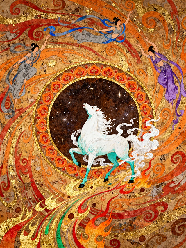 极繁风格插画，岩画，岩彩，仰视视角，敦煌壁画风格神话场景插画，细节如下：
主体神兽插画：
形态：雪白神马（仰头），在画面中心偏下，周身环绕白焰状飘带（质感轻盈如云雾，有环境色点缀），脚踩火焰流（火焰流从上到下环绕画面，有金、红橙、绿、棕色点缀）；
装饰：神马位于双层圆形法轮中央（内层法轮为深褐星空纹理，外层饰橙红宝相花纹样，边缘金纹勾边）。

背景与人物：
背景：通体为敦煌式卷草火焰纹，以橙、红、金为主色调，纹理呈漩涡状缠绕，夹杂细碎金星光斑；
飞天人物：3-4位身着飘逸汉服的飞天，衣袍为灰、蓝、紫等配色，姿态舒展环绕于火焰纹之间，衣袂与飘带随漩涡纹理流动，在画面上方。

风格与色彩：
风格：敦煌壁画重彩风格，融合岩彩肌理与传统神话元素，线条圆润卷曲，纹样繁复华丽；
色彩：主色调为橙、红、金（暖调火焰纹），搭配白、青蓝（神马）、灰紫（飞天），色彩浓郁厚重，带有斑驳的古画肌理质感。

构图：
 纵向满版构图，神马与法轮居于画面中下部，火焰纹与飞天填充画面上部及四周，整体呈漩涡式动感布局，视觉层次丰富且氛围神秘瑰丽。