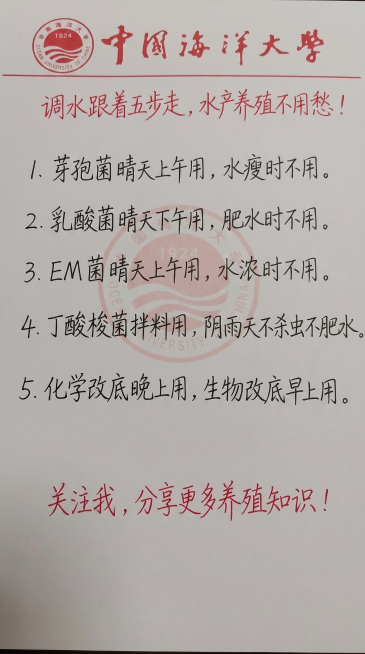 参照原图片的字体、颜色和排版布局，一字不差替换为新内容：标题“调水跟着五步走，水产养殖不用愁！”，正文：1.芽孢菌晴天上午用，水瘦时不用。 2.乳酸菌晴天下午用，肥水时不用。 3.EM 菌晴天上午用，预览效果