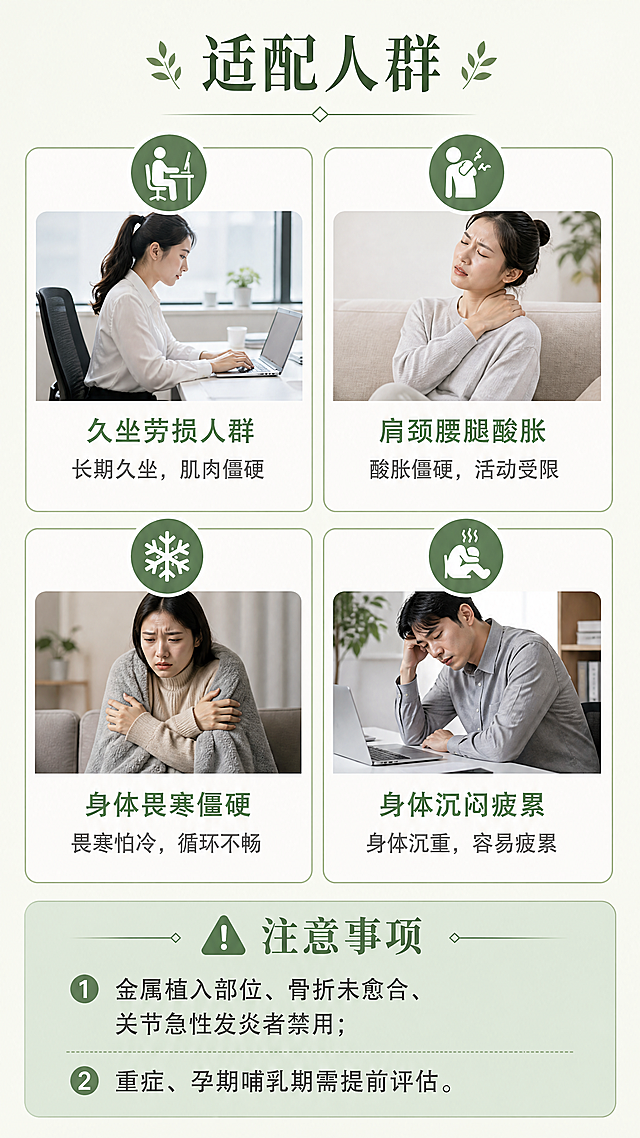 使用商品详情页技能根据商品图「图片1」「图片1」生成详情页，参考图为「图片1」「图片1」「图片1」，商品名称为太赫兹全身热感调理+肩颈开穴，卖点为项目介绍：采用前沿太赫兹高频热感技术，短时深层渗透肌底，化开身体淤滞，舒缓筋骨僵硬、肢体酸胀疲累，沉浸式放松身心，维稳轻盈体态。项目亮点：改善肩颈腰腿僵硬畏寒、肢体乏力，放松劳损肌群、提升身体灵活度，消解肌体淤滞。服务流程：状态排查→温热激活→深层热感渗透→淤滞舒缓→筋骨加固。适配人群：久坐劳损、肩颈腰腿酸胀僵硬、身体沉闷疲累人群。注意事项：金属植入部位、骨折未愈合、关节急性发炎者禁用；重症、孕期哺乳期需提前评估。，适配平台为淘宝/天猫，图片比例为9:16，需求屏数为4张，跟参考图的色彩搭配一致，排版模块相似
