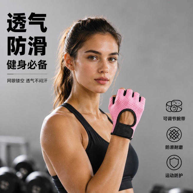 [主图-1] 健身手套核心卖点首图，外国女模特佩戴粉黑拼色款健身手套做抬手训练动作。
[氛围风格] 健身房真实场景，干净自然真实质感，减少AI感，商业运动摄影风格。
[画质] 商业摄影质感、光线通透、预览效果