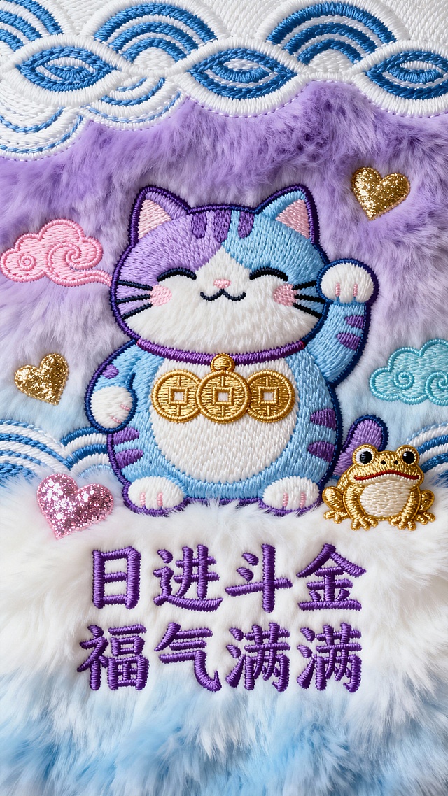 蓝紫绒招财猫抱金币坐浪花，缀金心 “日进斗金，福气满满”，萌趣聚财