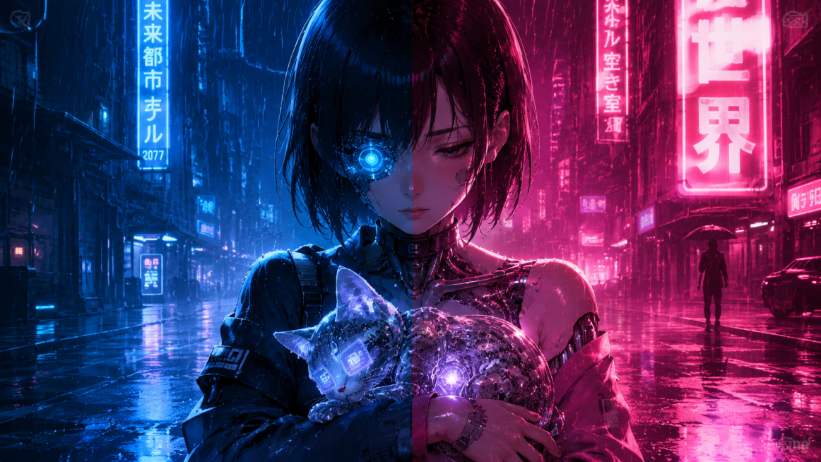 杰作，最高画质，雨中赛博朋克街头，画面被精准地一分为二：左侧是完全的冷蓝色调，右侧是品红霓虹色调，AI少女站在正中间作为两种光的分界，她的左半身在冷蓝光中、机械义眼亮着冰蓝数据环，右半身在暖红霓虹里、预览效果