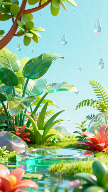 C4D风格谷雨节气海报背景，明亮多彩配色，充满春日生机感，包含3D立体植物与雨滴元素，通透玻璃质感，柔和光影效果，层次丰富，高饱和度亮丽色调，画面干净留白，高清精致，风格治愈清新预览效果