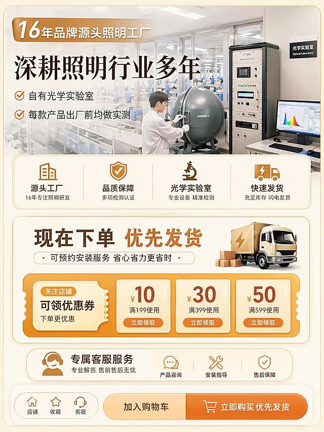 主题为16年品牌源头照明工厂，上半部分展示工厂或光学实验室场景，突出品牌实力；保留文案：品牌文案'深耕照明行业多年，自有光学实验室，每款产品出厂前均做实测'，号召文案'现在下单，优先发货，可预约安装服务'，提示文案'关注店铺可领优惠券，享专属客服服务'；下半部分设计下单引导按钮样式和优惠提示，底部做客服入口引导；使用参考图https://gdesign-dam-hz.dancf.com/37163440559479966/d265c5eb6d094016b97cc4fc882e0ab5.png的暖黄色调，风格和版式保持电商详情页设计