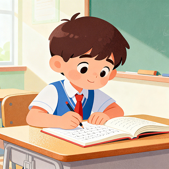 Modern flat animation style, bright soft pastel tones, a bit of noise texture, cute cartoon elementary school students, bright clean cartoon classroom, medium shot, clean lines, high detail, no complex background, no text. A little boy is doing homework diligently, with an open book beside him