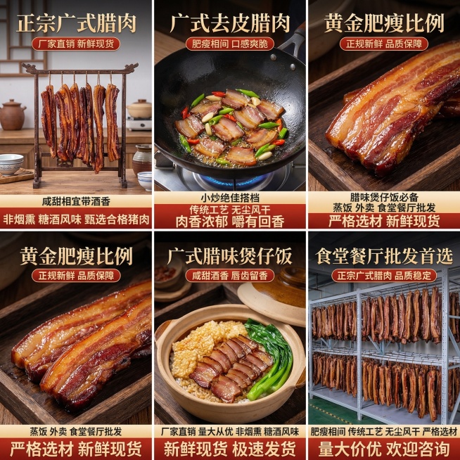 这张图片是产品主体这款产品是广式腊肉 我需要设计20张主图在拼多多上面售卖    主图场景布局可以用厨房 炒腊肉 腊肉细节等设计一个高级有食欲一些主图文案内容 正宗广式腊肉 厂家直销 新鲜现货 咸甜相预览效果