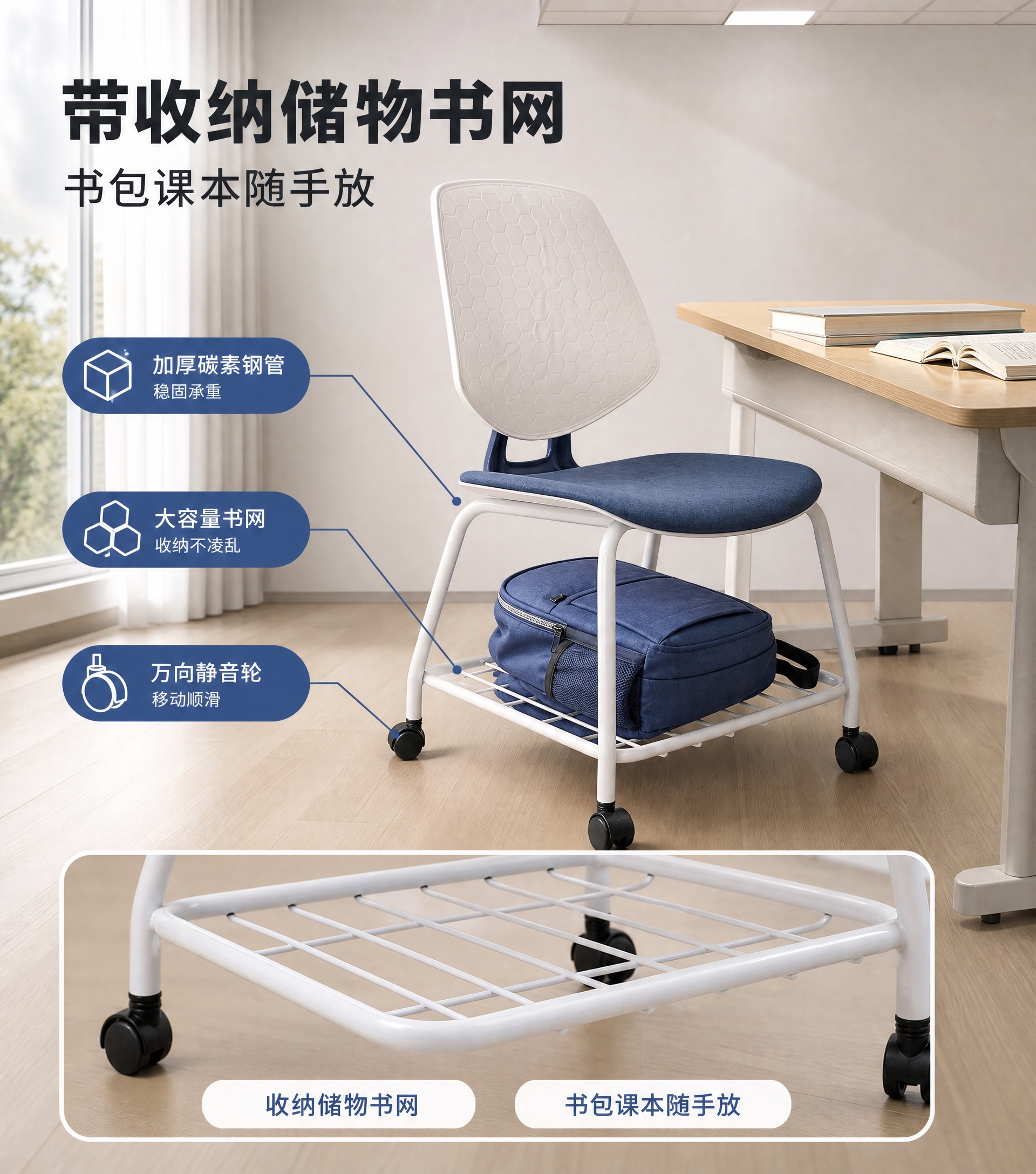 [主图-4] 收纳功能图：展示座垫下方收纳储物书网放书包的实际… - 图片创意预览