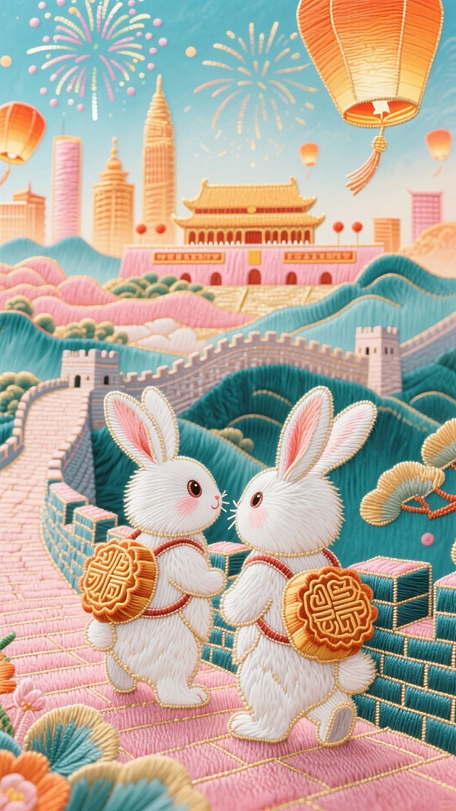 刺绣风插画，卡通兔子拟人化，手持月饼，喜庆烟花点缀，中秋佳节氛围浓厚。