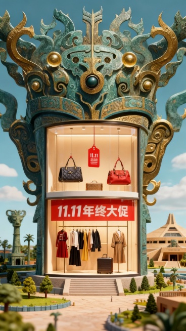 视觉中心变成参考图主体巨大化，主体内部设计成橱窗形式，展示着服饰箱包，皮包上挂着红色吊卡“11.11 年终大促”，背景为三星堆博物馆微缩景观。预览效果