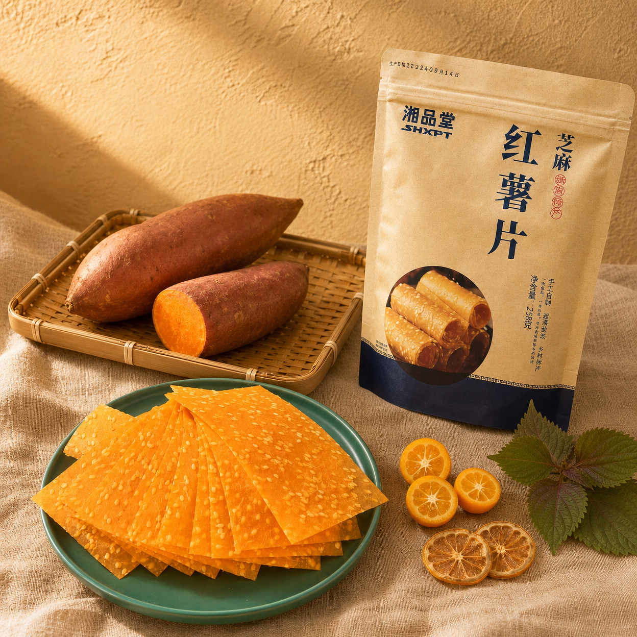 在现有质朴暖调食材场景基础上，将红薯片产品包装袋自然融入场景中… - 图片创意预览