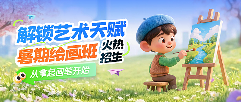 绘画教育培训K12教育招生引流卡通风公众号首图