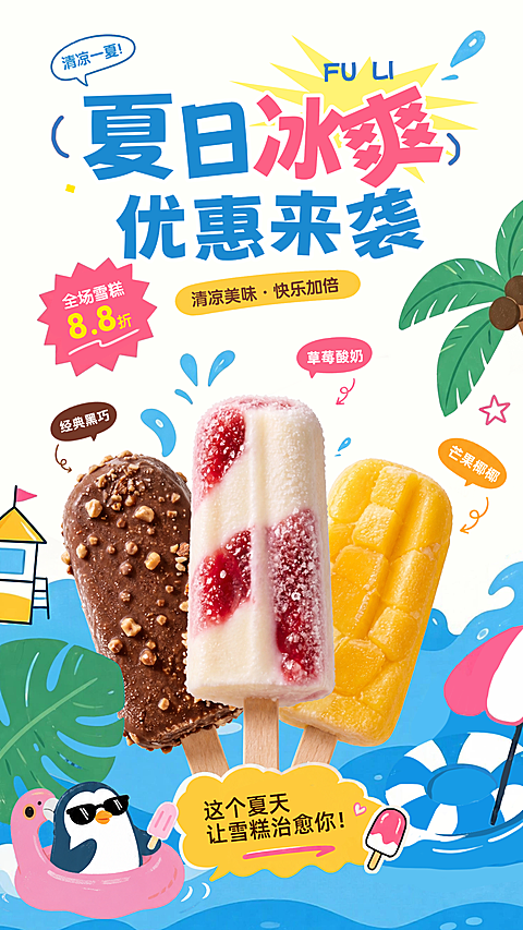 夏日雪糕卡通趣味感促销海报